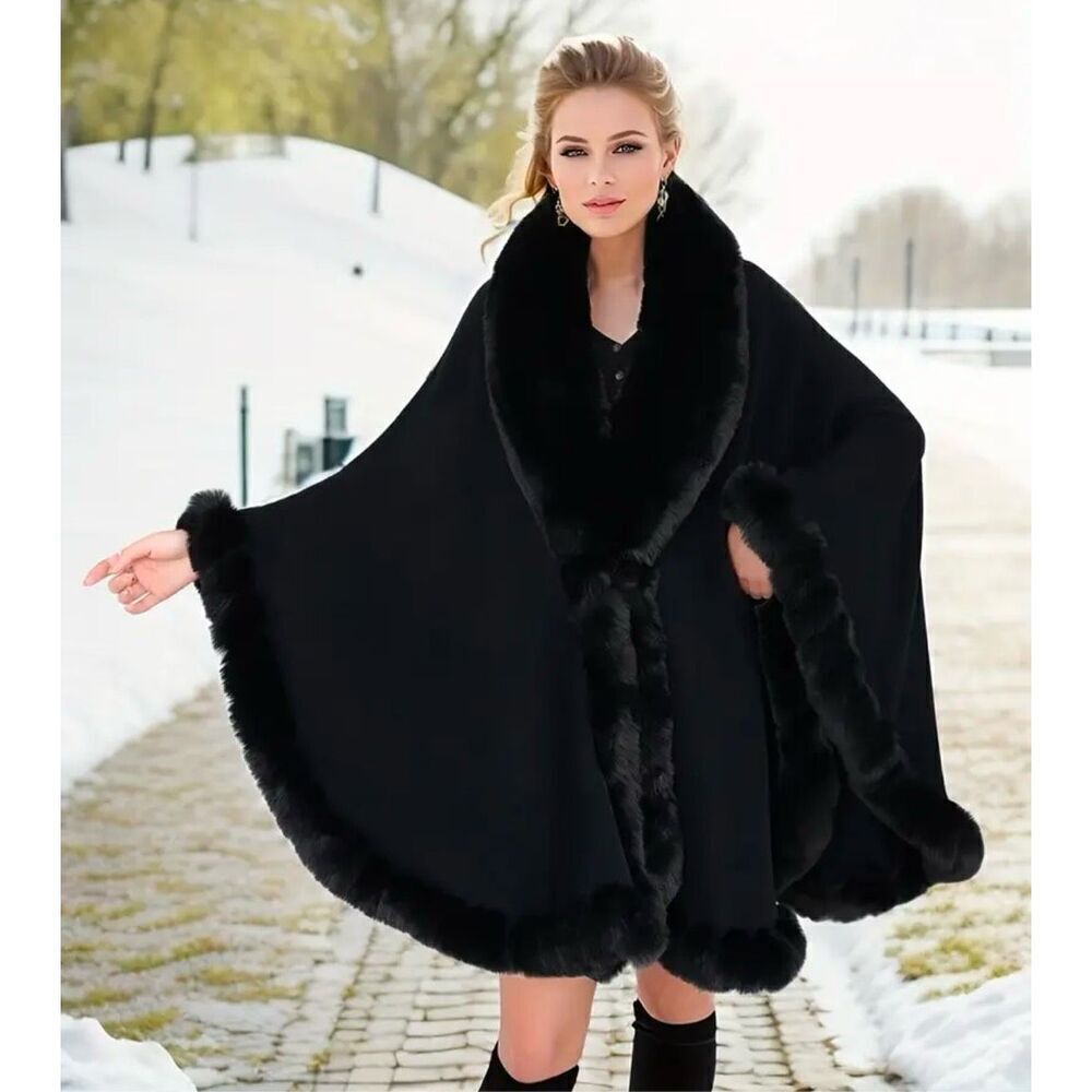 NWT Gorgeous One Size Soft Knit Fur Trim Black Open  Ruana Cape Poncho w/ Sleeve